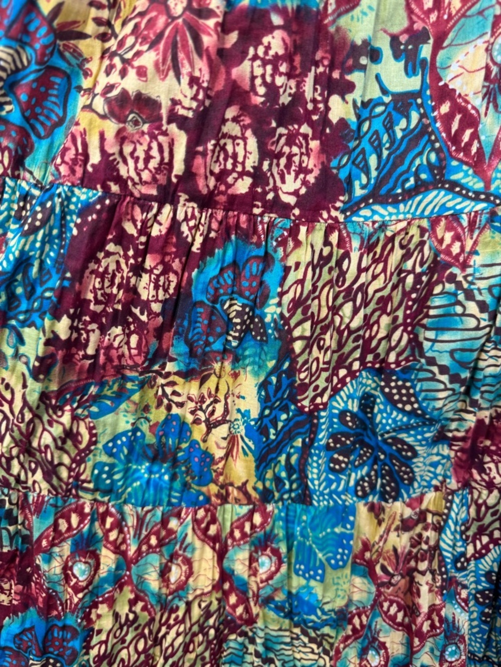 Vintage Y2K Boho Patchwork Pleated Midi Skirt, Ruffle Tiered 100% Cotton, 1X - Picture 6 of 13